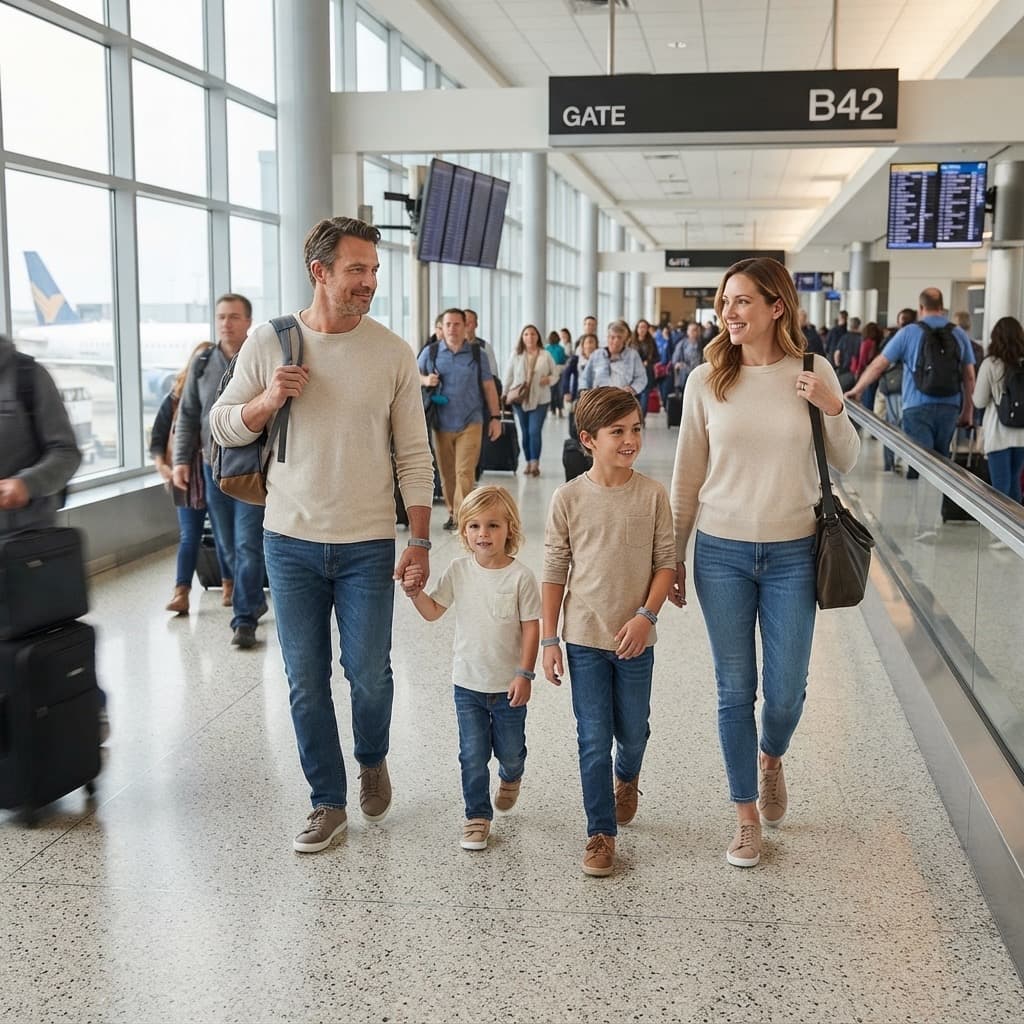 Family walking through an airport terminal, one child wearing a ReuniteID