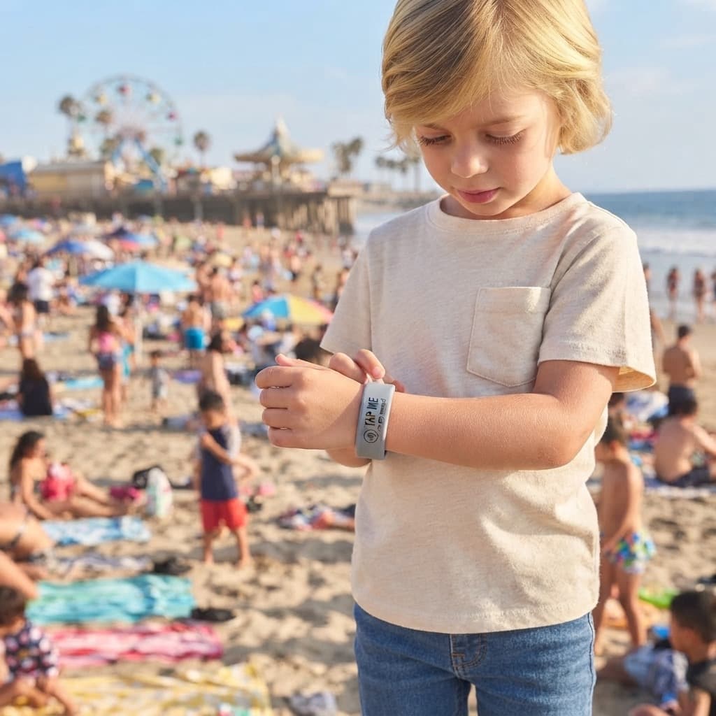 A boy on a crowded beach looking at the ReuniteID on his wrist