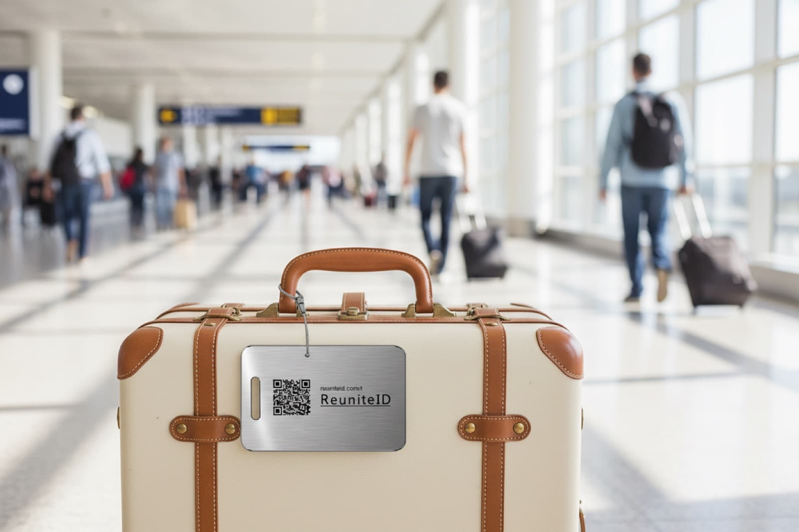 En cremefarvet kuffert i en lufthavn med et aluminiums bagage-tag med QR-kode på håndtaget